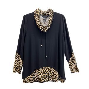 Ali Miles Tunic Women L Black & Leopard Print Long Sleeve Cowl Neck Stretch